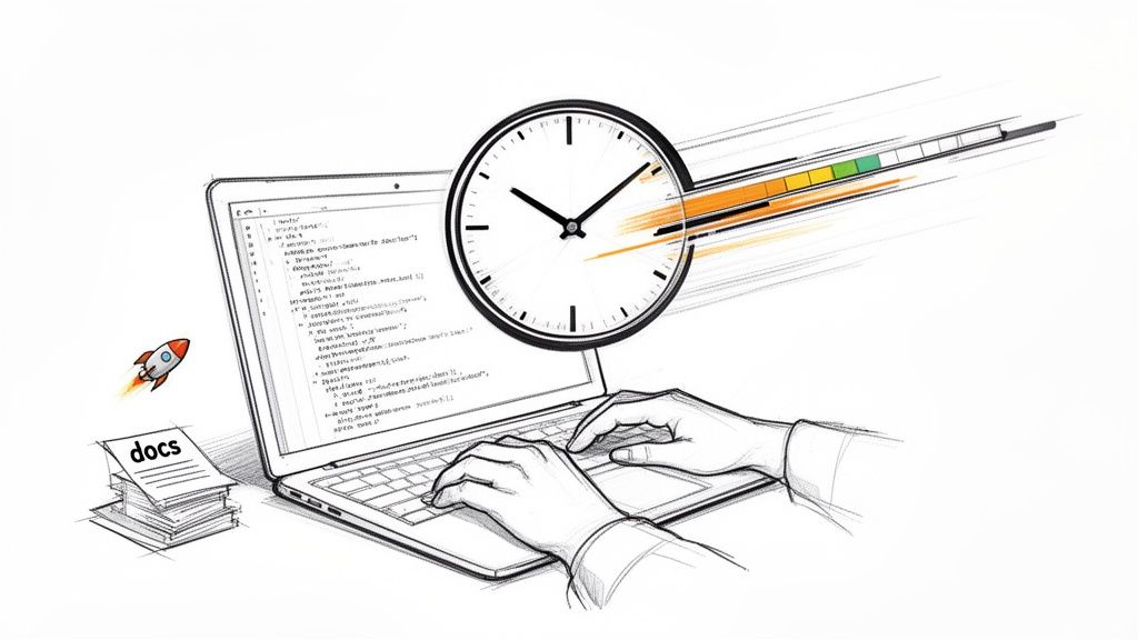Hands typing code on a laptop with a clock, progress bar, rocket, and documents, symbolizing fast development.