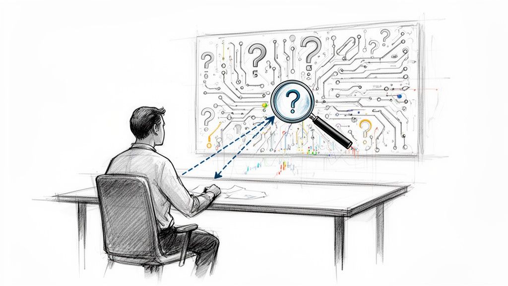 A sketch of a person analyzing a circuit board with question marks and data using a magnifying glass.