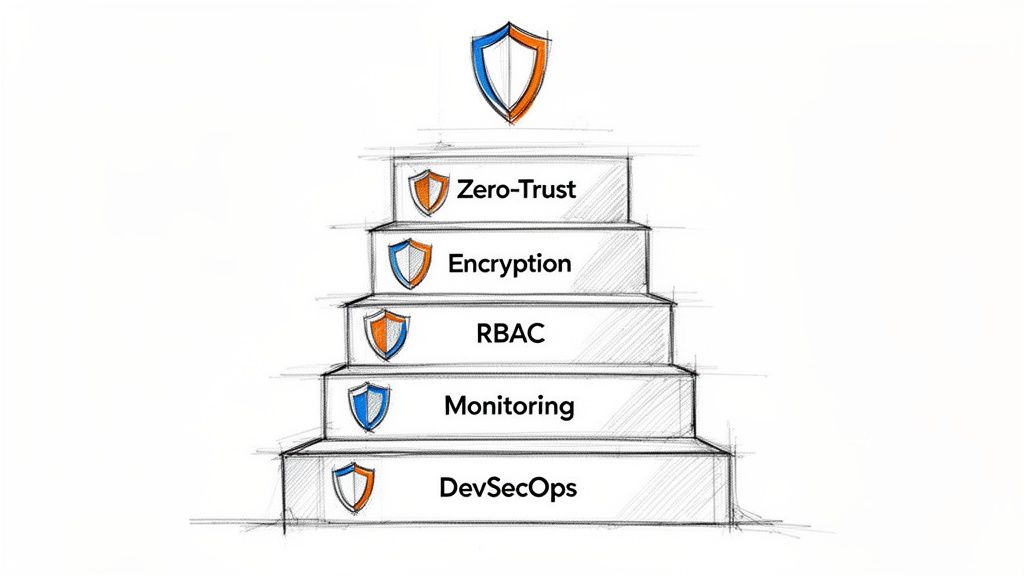 A pyramid showing five layers of data security: DevSecOps, Monitoring, RBAC, Encryption, Zero-Trust, with shields.