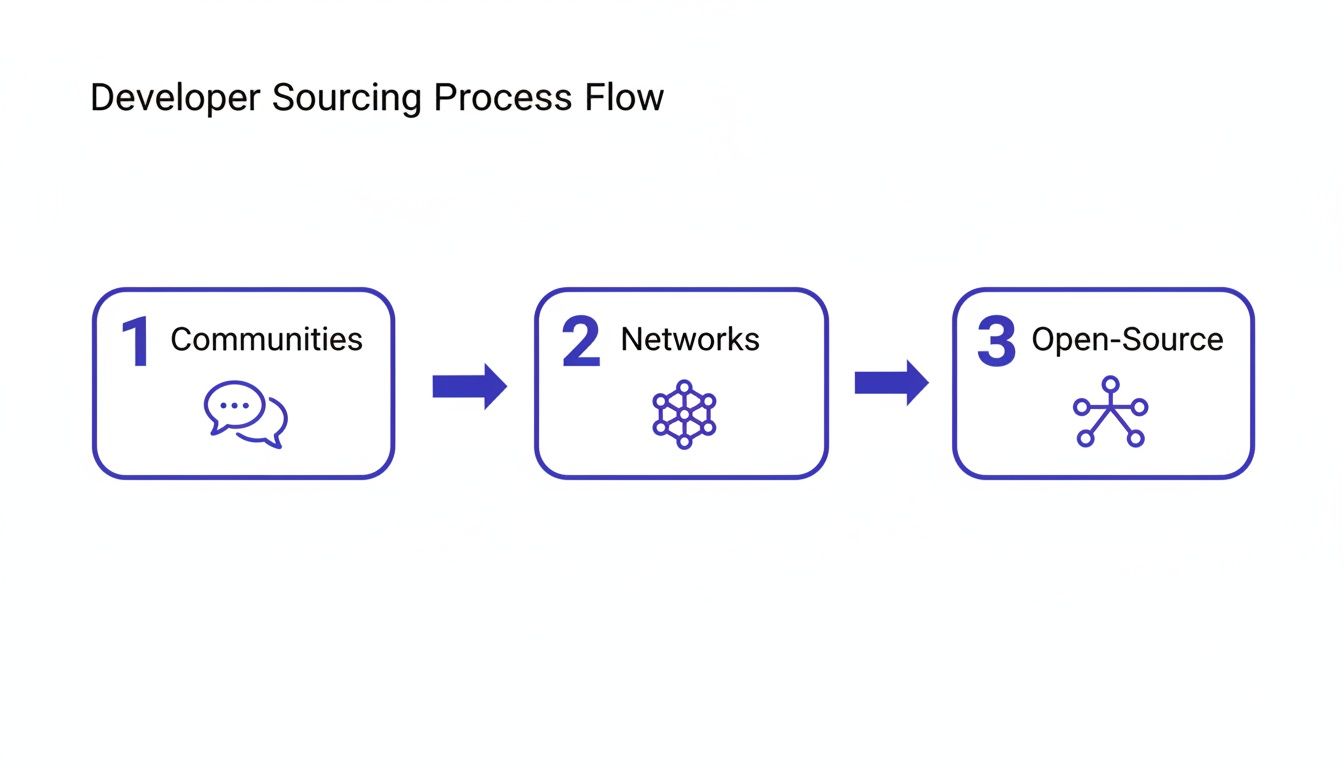 Developer sourcing process flow with steps: Communities, Networks, and Open-Source, indicated by icons and arrows.