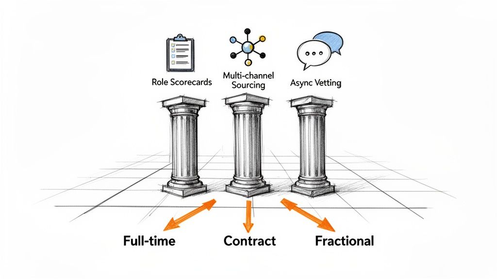 Three pillars supporting role scorecards, multi-channel sourcing, and async vetting for various employment types.