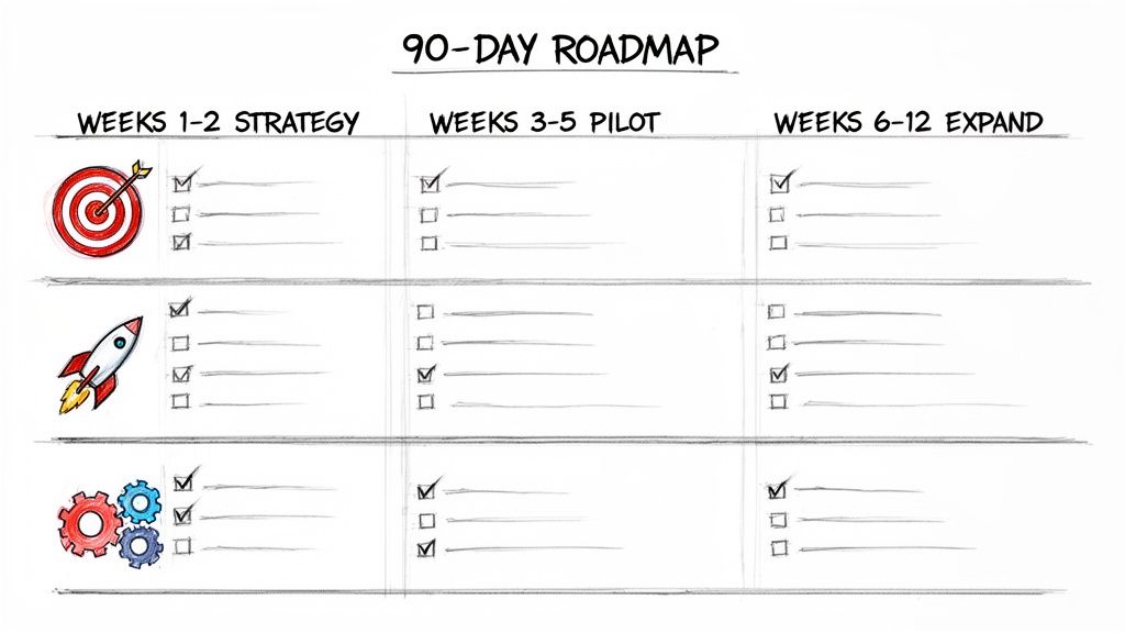 A hand-drawn 90-day roadmap showing strategy, pilot, and expand phases with checked tasks.
