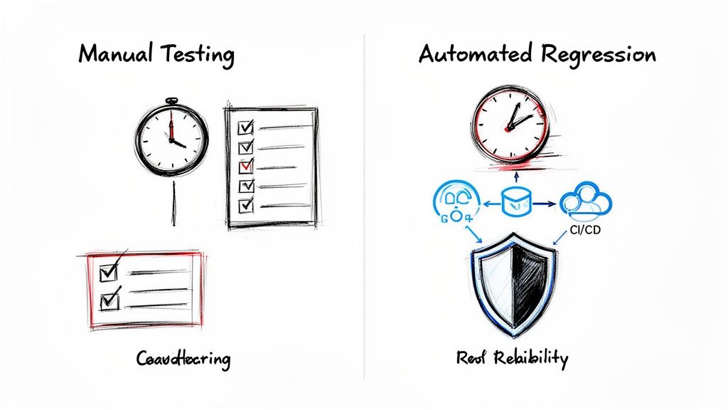 A diagram comparing slow manual testing with checklists to fast automated regression with integrated CI/CD and reliability.