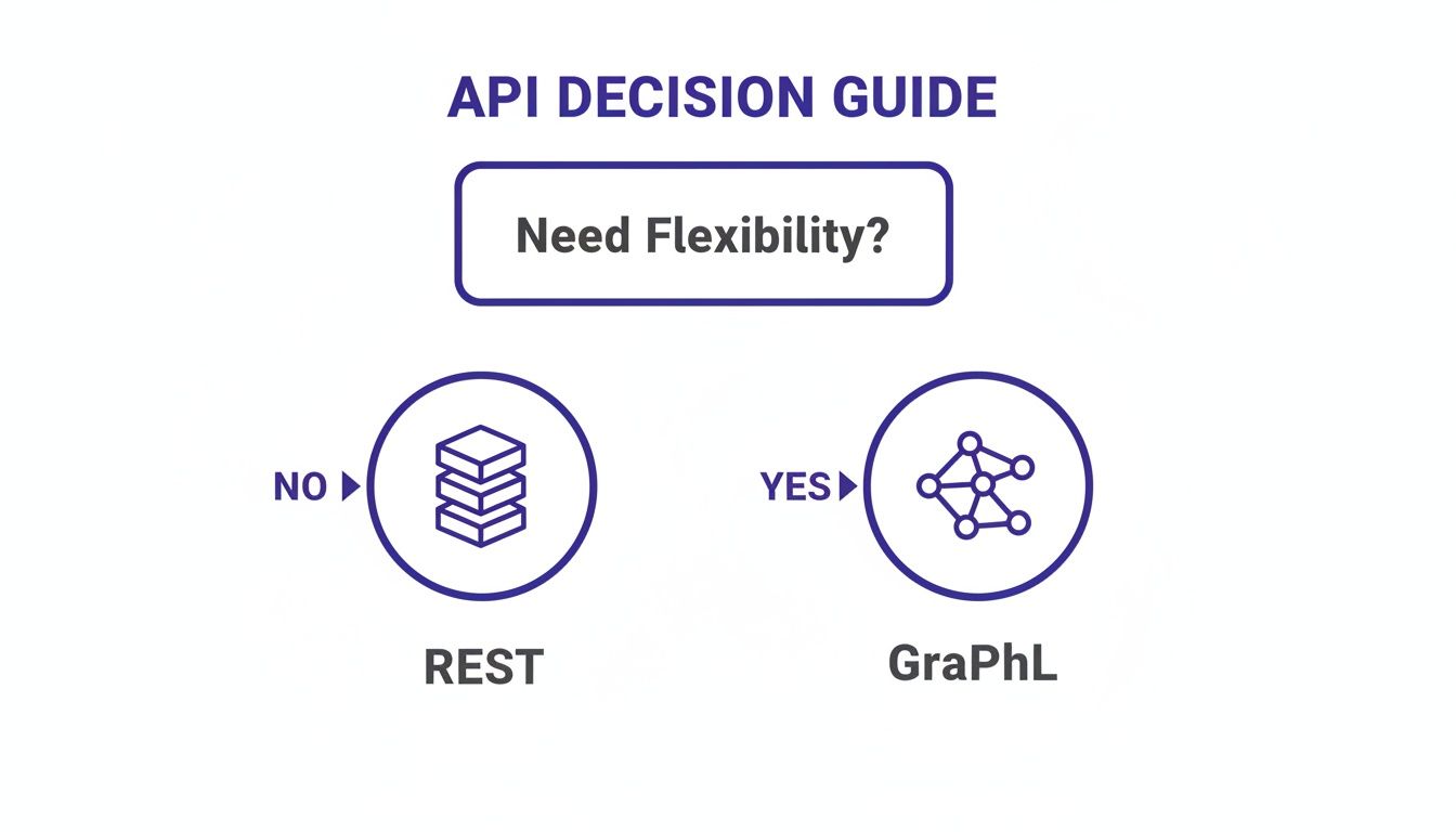 A diagram guiding API choice: REST for no flexibility need, GraphQL for flexibility.