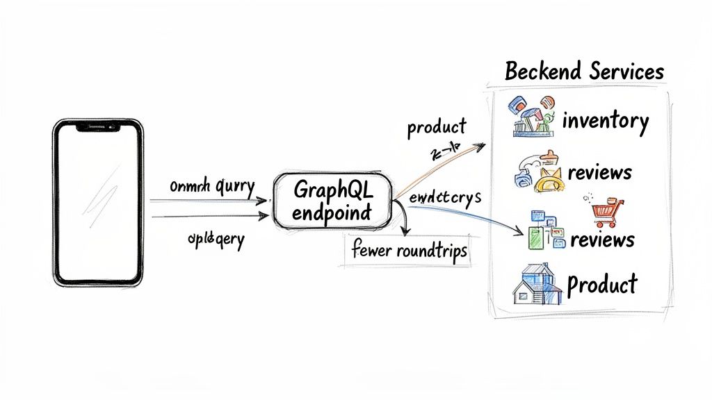 An architecture diagram showing a mobile app making a single GraphQL query to an API gateway, which then efficiently fetches data from multiple backend microservices.