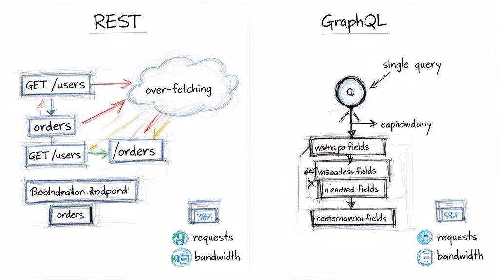 Diagram contrasting REST API's over-fetching and multiple requests with GraphQL's single efficient query.