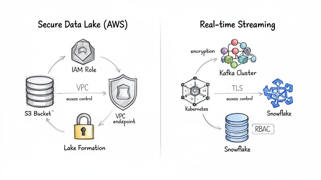 Diagram illustrating secure data lake architecture on AWS and real-time streaming with Kafka, Kubernetes, and Snowflake, highlighting security measures.
