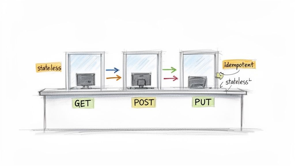 Illustration depicting REST API methods GET, POST, and PUT, highlighting stateless and idempotent properties.