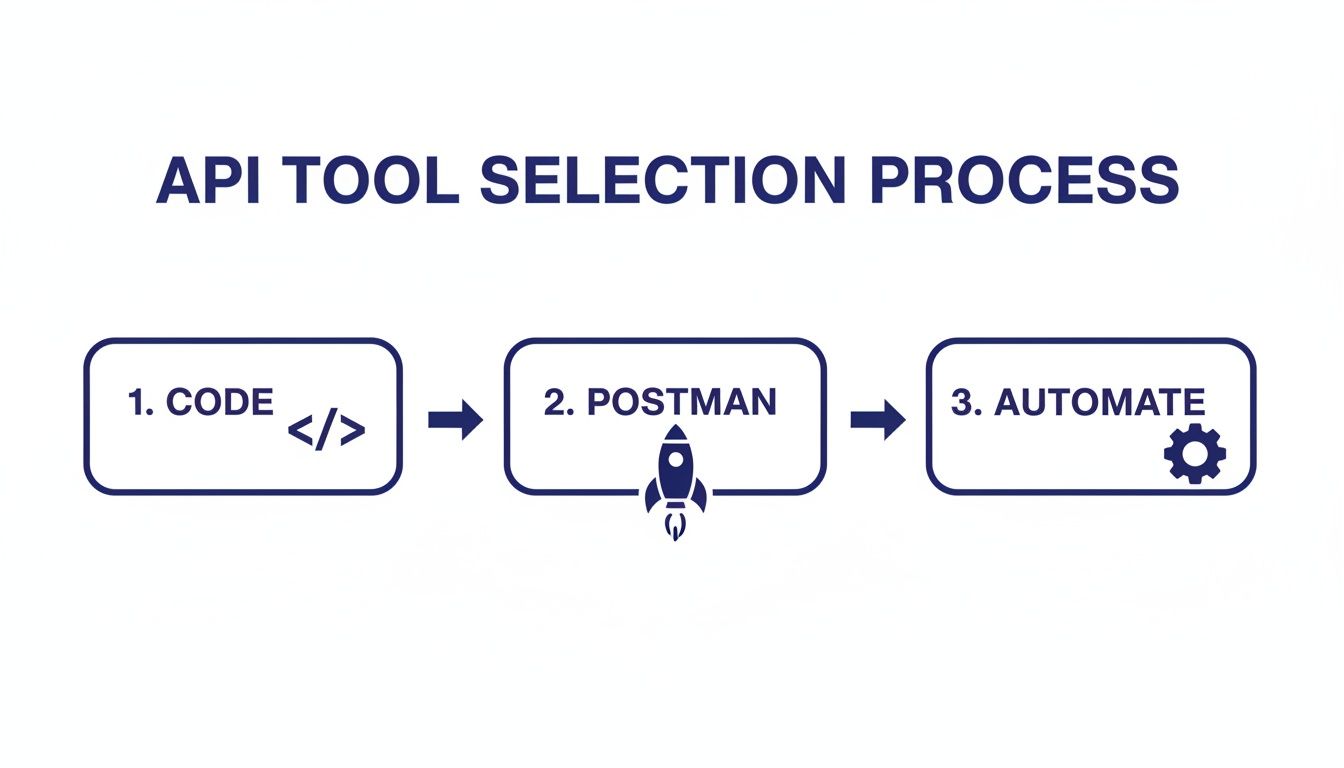 A process diagram illustrates the API tool selection workflow: Code, Postman, and Automate.
