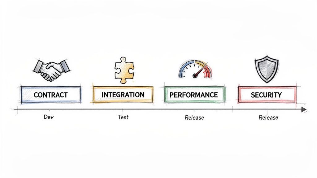 An illustration of a development process timeline, showing contract, integration, performance, and security stages.