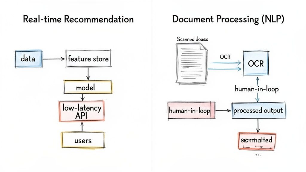 Two diagrams illustrating machine learning workflows: real-time recommendation and document processing with NLP.