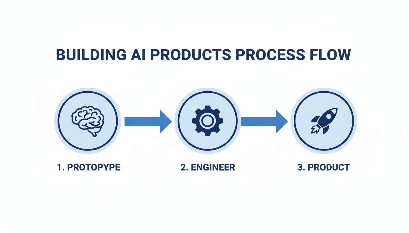 A flowchart illustrating the three-step process for building AI products: Prototype, Engineer, and Product.