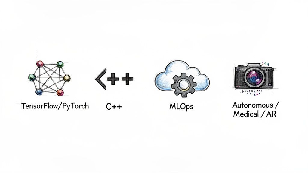 Diagram illustrating the workflow from AI frameworks like TensorFlow to real-world applications.