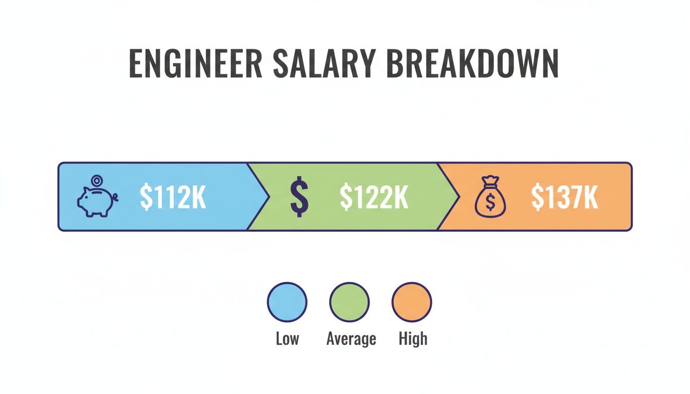 Engineer salary breakdown displaying low ($112K), average ($122K), and high ($137K) salary tiers.