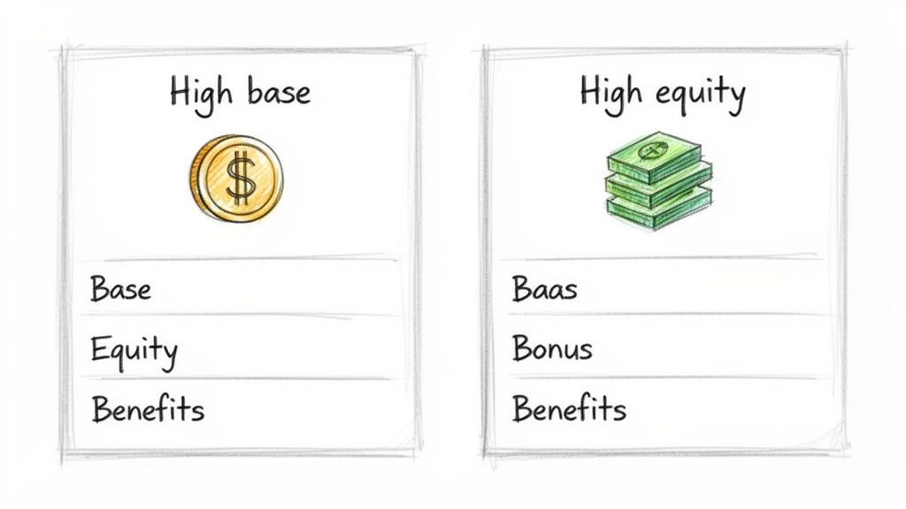 An illustration comparing two compensation packages: 'High base' with a dollar coin, and 'High equity' with stacked money.