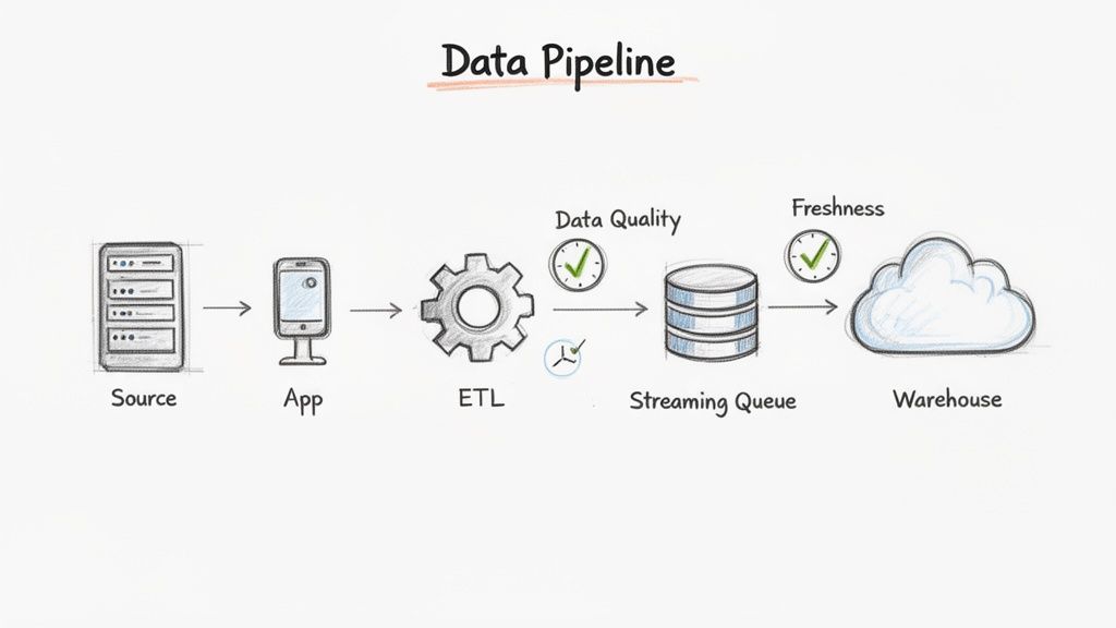 A hand-drawn diagram illustrating a data pipeline flow from source to data warehouse, including ETL, quality, and freshness.