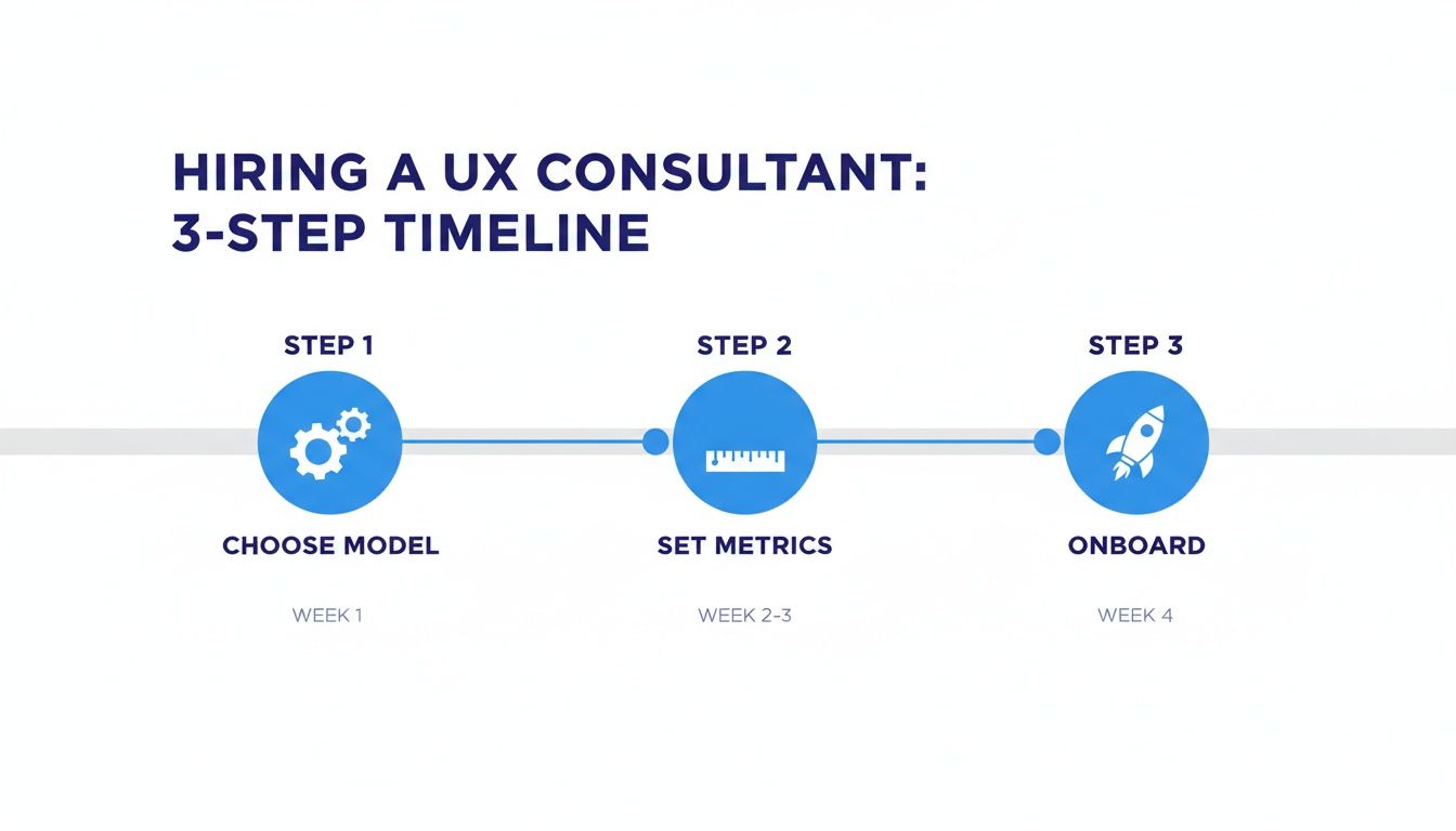 A 3-step timeline for hiring a UX consultant, showing model, metrics, and onboarding.