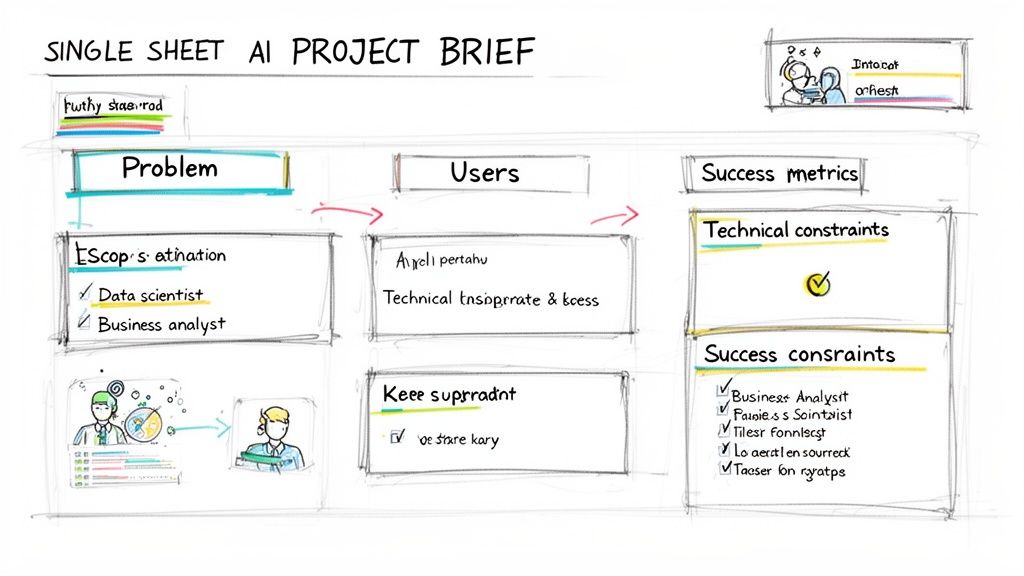 A hand-drawn single sheet AI project brief outlining problems, users, and success metrics.