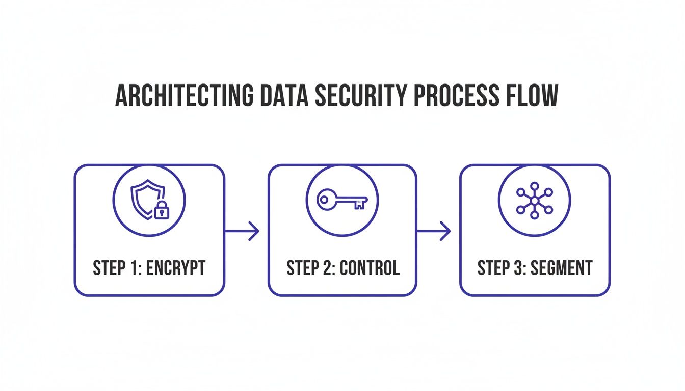 A diagram illustrates the architectural data security process flow with steps: encrypt, control, and segment.