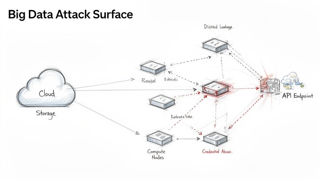 Diagram illustrating the Big Data Attack Surface, showing cloud storage, compute nodes, API endpoints, and various attack vectors like distilled leakage and credential abuse.