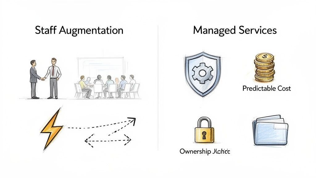 Infographic comparing staff augmentation and managed services, highlighting benefits like predictable cost and flexibility.