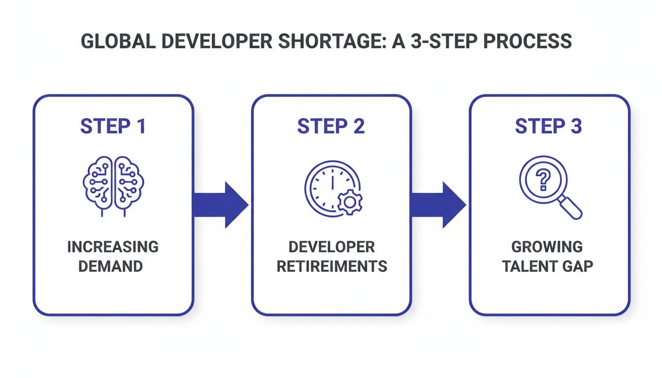 A 3-step process diagram explaining the global developer shortage, showing increasing demand, developer retirements, and a growing talent gap.