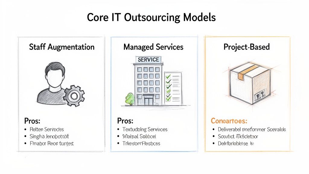 Diagram illustrating three core IT outsourcing models: Staff Augmentation, Managed Services, and Project-Based.
