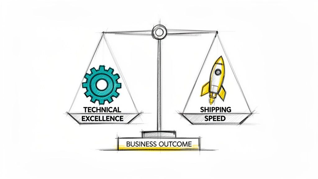 A balance scale shows technical excellence (gear) and shipping speed (rocket) balancing for a business outcome.