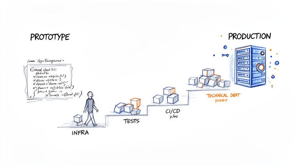 A diagram showing the software development lifecycle from prototype to production, highlighting the management of technical debt as a key challenge.