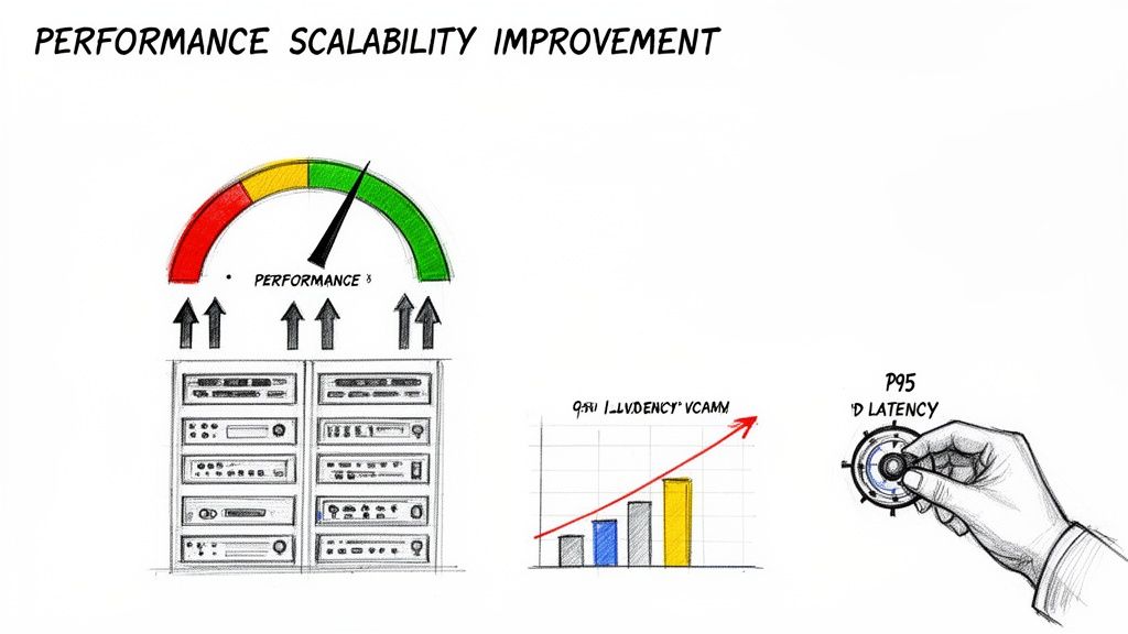 Illustrative sketch showing performance scalability improvement with server racks, growing metrics, and reduced P95 latency.