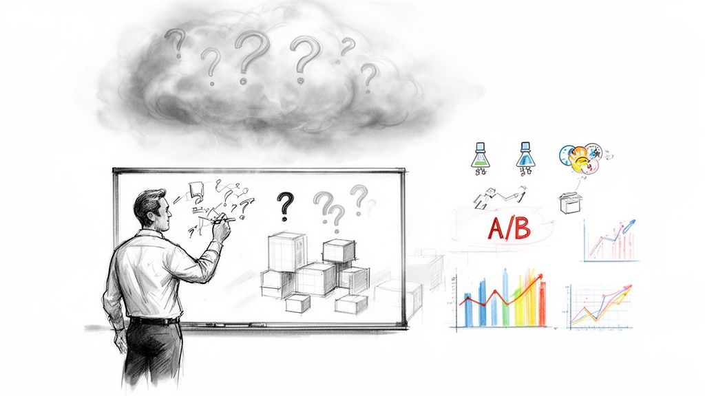 Illustration of a man analyzing problems on a whiteboard, leading to A/B testing and data analysis charts.