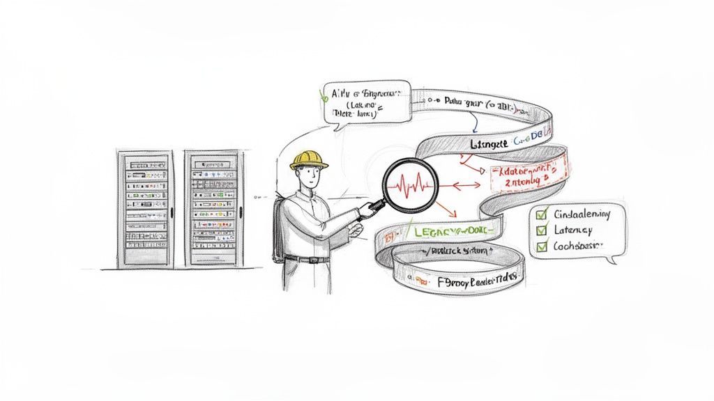 An engineer monitors server performance metrics with a magnifying glass in a data center.