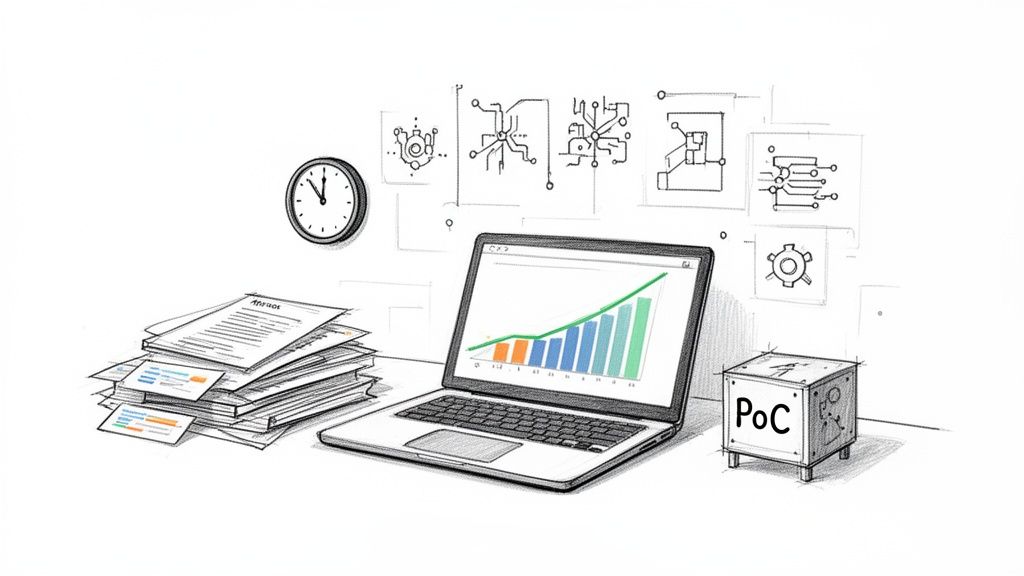 Sketch illustration of a desk with a laptop displaying a growth chart, documents, and a 'PoC' box.