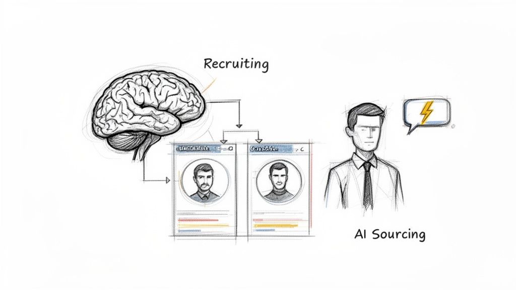 Visual comparing human brain-led recruiting processes with efficient AI-powered candidate sourcing.