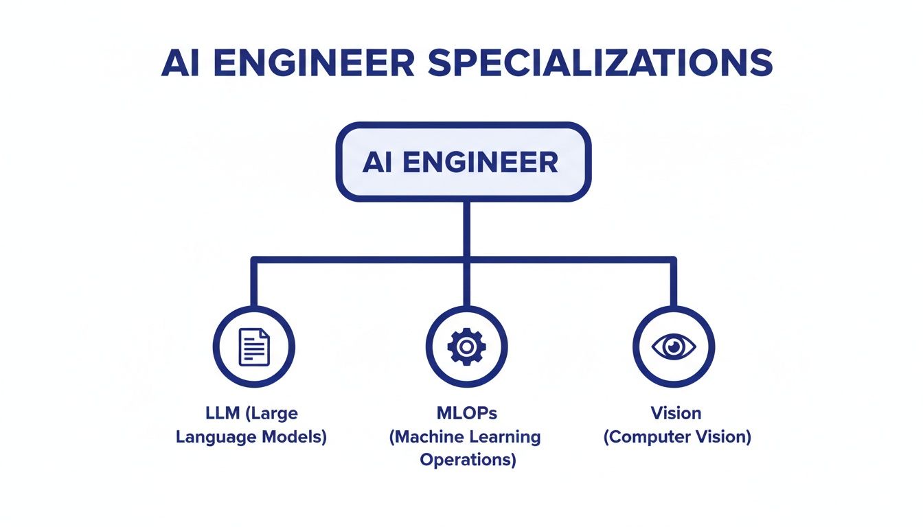 A diagram illustrating AI engineer specializations: Large Language Models, MLOps, and Computer Vision.