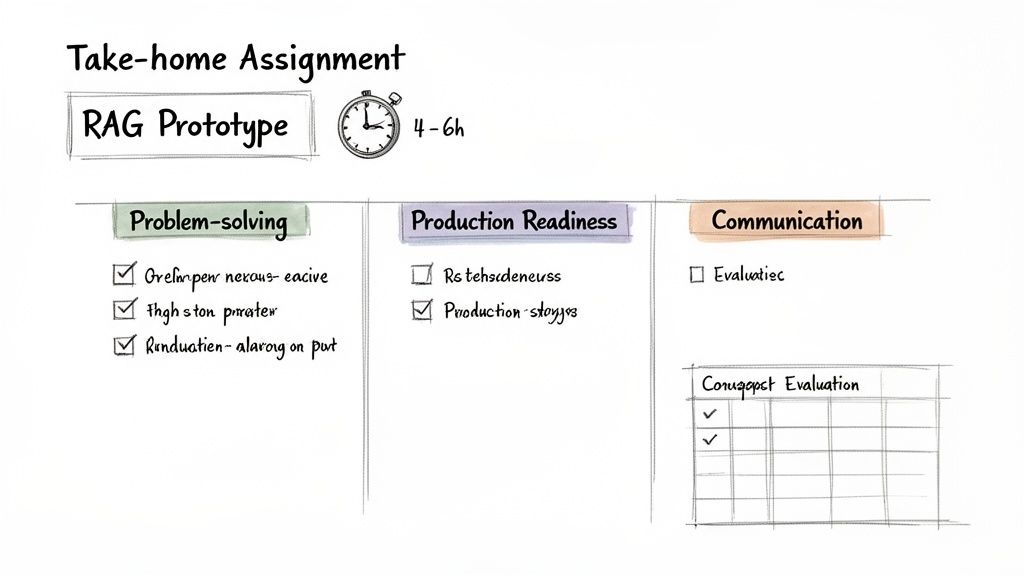 A handwritten take-home assignment outlines tasks for a RAG Prototype across problem-solving, production, and communication sections.