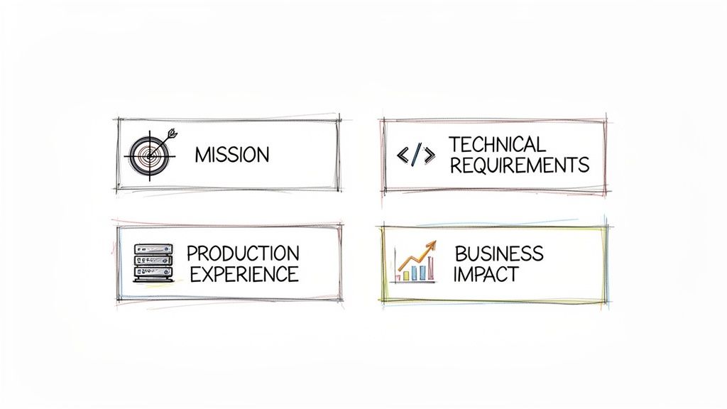 Four boxes outline key professional areas: mission, technical requirements, production experience, and business impact.