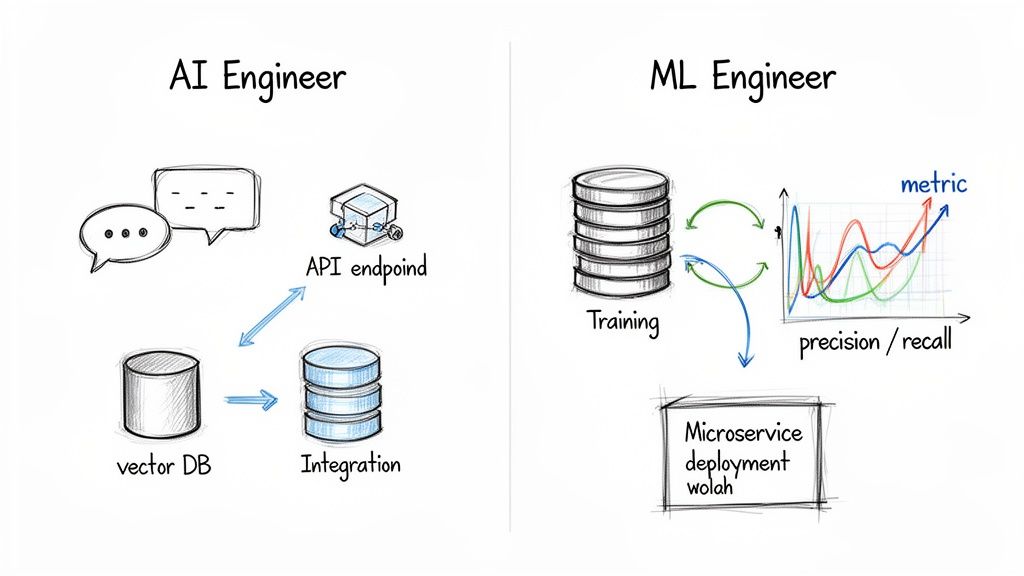 A sketch diagram comparing the distinct workflows and components for AI and ML Engineers.