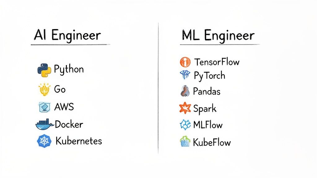 A side-by-side comparison listing essential skills and tools for AI Engineers and ML Engineers.