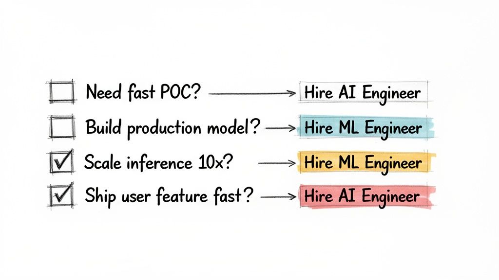A checklist contrasting tasks for AI Engineers (fast POC, shipping user features) and ML Engineers (building production models, scaling inference).