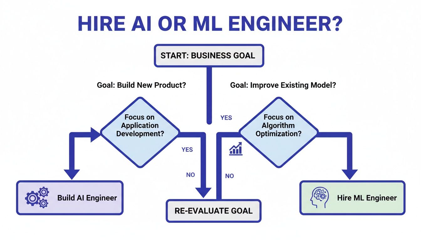 A flowchart outlining when to hire an AI engineer versus an ML engineer based on business goals.