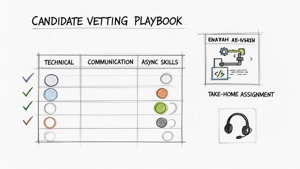 Candidate vetting playbook with a matrix for technical, communication, and async skills evaluation, plus a take-home assignment.