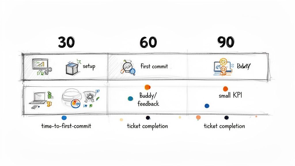 A 90-day timeline illustrating new developer onboarding with stages like setup, first commit, and KPI tracking.