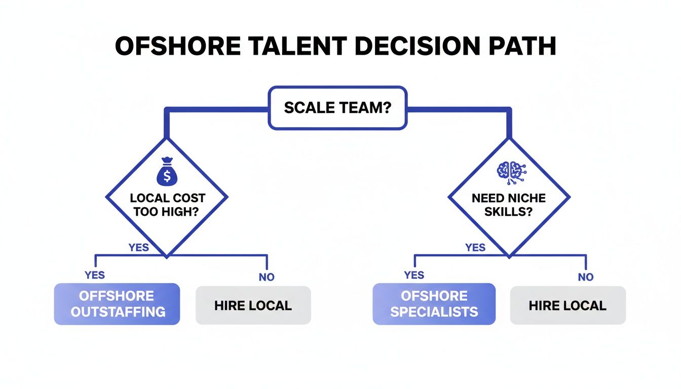 Flowchart illustrating the offshore talent decision path based on local cost and niche skills.