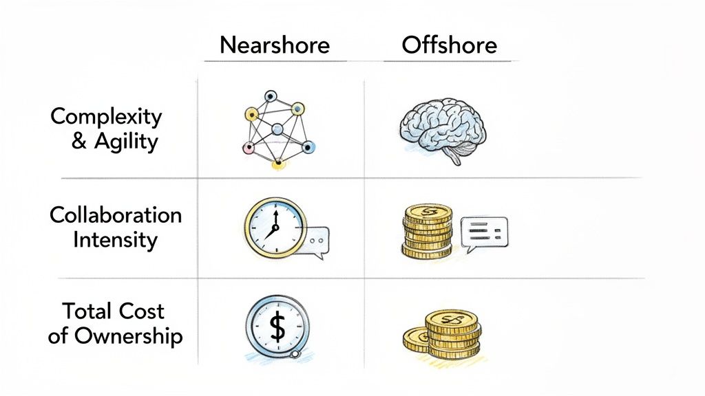 A diagram comparing nearshore and offshore strategies across complexity, collaboration intensity, and total cost of ownership.