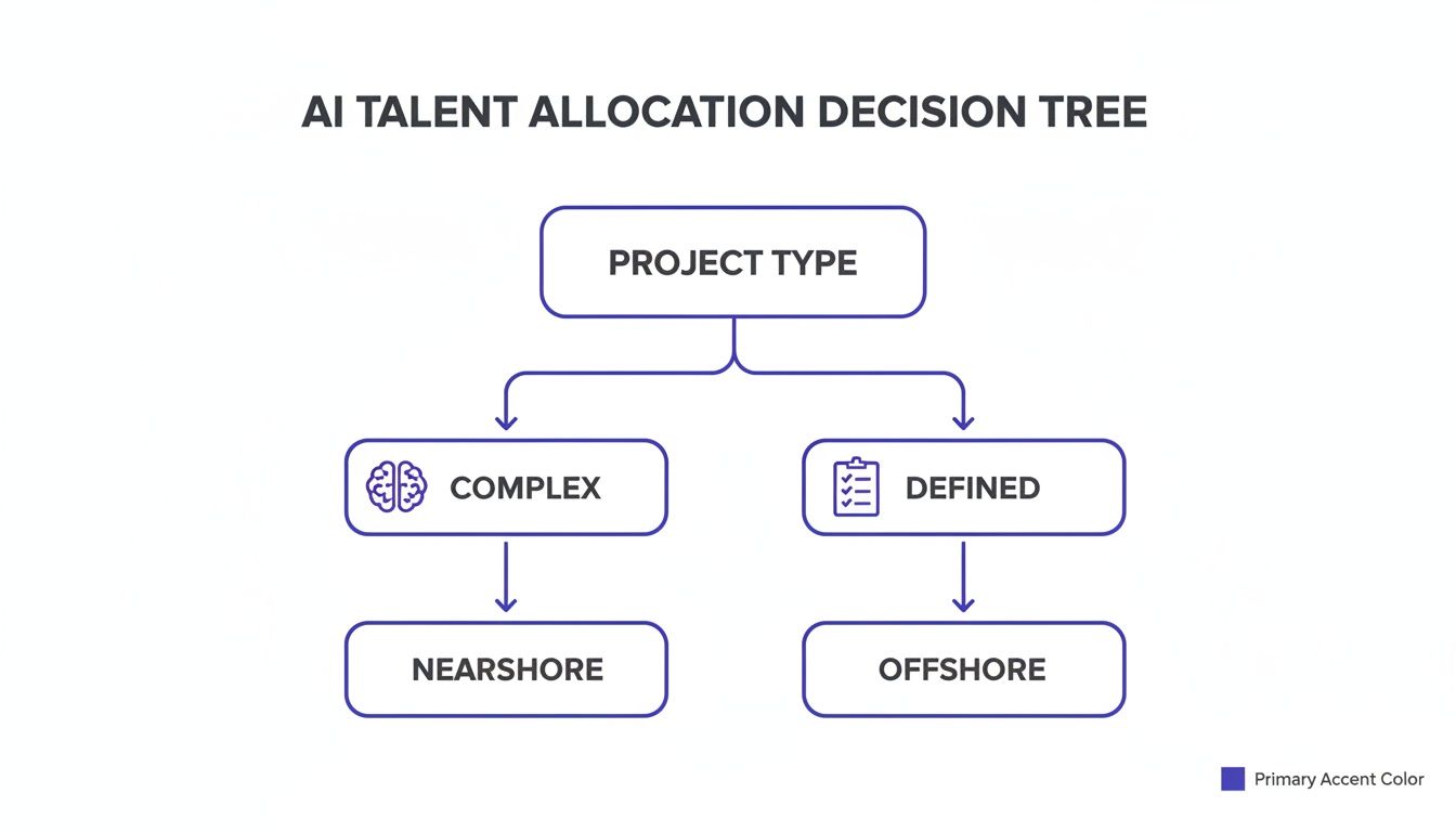An AI talent allocation decision tree showing complex projects lead to nearshore and defined projects to offshore.