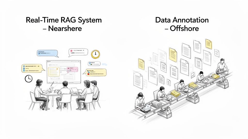 Illustration contrasting a real-time RAG system with nearshore collaboration and offshore data annotation on a production line.
