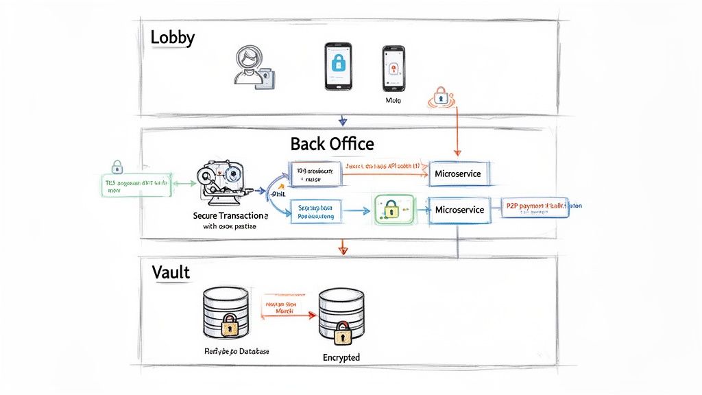Diagram of a P2P payment app architecture showing microservices for User Management, Transaction Engine, and Notifications, all communicating through an API Gateway with an encrypted database.
