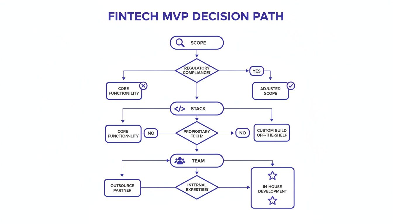 A flowchart outlining the Fintech MVP decision path, covering scope, regulatory compliance, technology stack, and team.