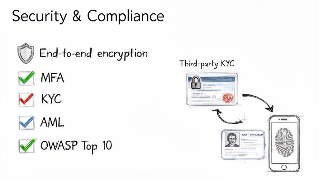 Image illustrating security and compliance features, including end-to-end encryption, MFA, KYC, AML, and OWASP Top 10.